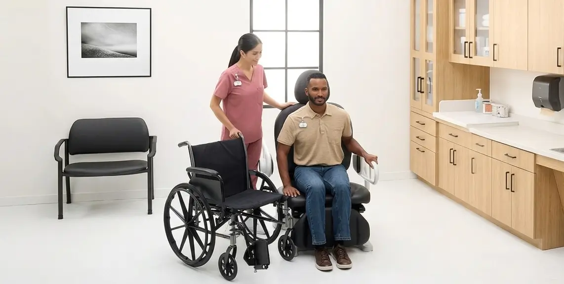 Healthcare provider assisting a patient in an ADA-compliant exam room