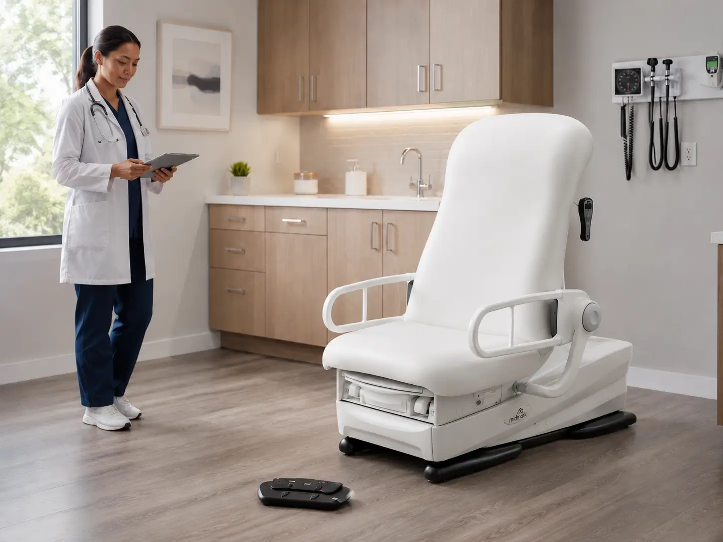 Midmark 626 Barrier-Free exam chair at its 15.5-inch low transfer height